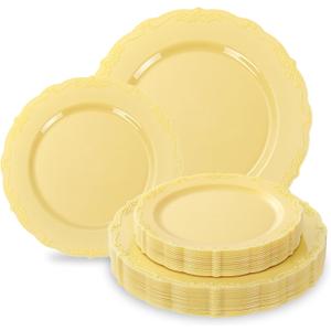 Tinybee 60PCS Yellow Plastic Plates - Heavy Duty Yellow Disposable Plates, Elegant Plastic Plates for Baby Shower, Wedding and Party Including 30 Dinner Plates 10 '' & 30 Dessert Plates 7.5 ''