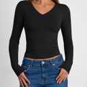 Trendy Queen Long Sleeve Shirts for Women 2026 Fall Fashion V Neck Basics Crop Tops Slim Fitted Y2K Tops Outfits Clothes (Black, S)