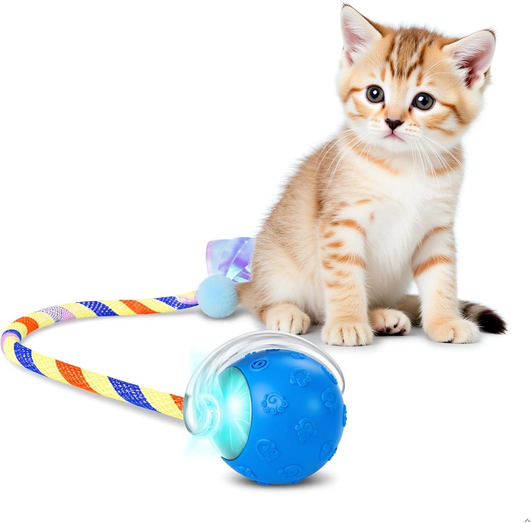 Interactive Cat Ball Toy, Automatic Self-Rolling, Motion-Activated, 3 Replaceable Teaser Wand Tails, Food-Grade TPU-Reinforced, Built-In Bluetooth Speaker with Preloaded Bird Sounds/Optional Music