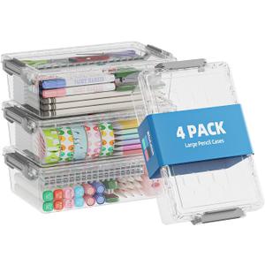 BiuLeon 4 Pack Extra Large Pencil Box, Plastic Pencil Case Organizer, Clear Crayon Box Marker Organizer, Stackable Craft Organizers and Storage for Pen, Craft, Art Supply(Grey)
