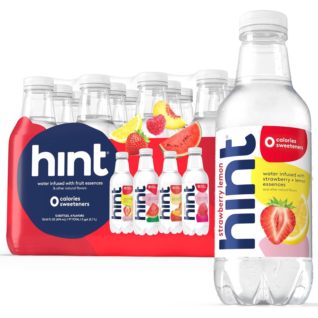 Hint Fruit-Infused Bottled Water, 4-Flavor Red Variety Pack - Sugar Free Flavored Water with Zero Calories, Natural Fruit Essences, and No Artificial Sweeteners - 16 Fl Oz (Pack of 12) (EXP 11/27/26)