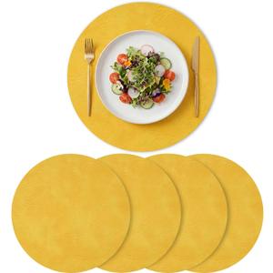 Artoid Mode Yellow Faux Leather Placemats Set of 4, 15 Inch Waterproof Wipeable Heat Resistant Vinyl Place Mats, Reversible Table Mats for Summer Kitchen Dining Decor
