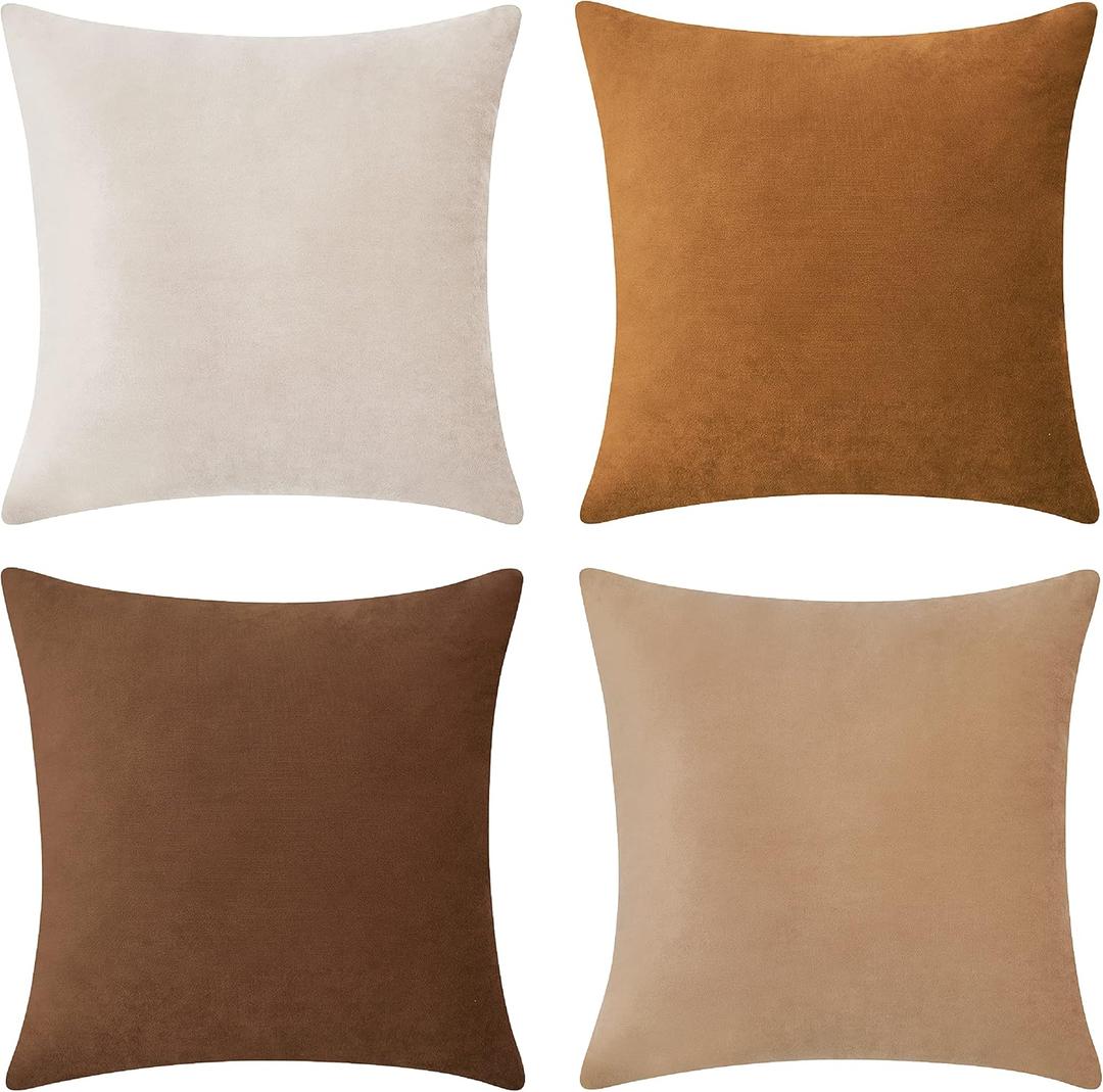 MONDAY MOOSE Decorative Throw Pillow Covers Cushion Cases, Set of 4 Soft Velvet Modern Designs, Mix and Match for Home Decor, Pillow Inserts Not Included (18x18 inch, Brown/Beige)