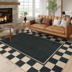 Moynesa Checkered Easy Jute Outdoor Rug 8x10 Area Rugs for Living Room, Black Washable Indoor Outdoor Patio Rug Non Slip, Large Farmhouse Carpet for Bedroom Dining Room Backyard (Checkerboard)