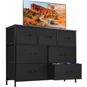 DUMOS TV Stand Dresser for Living Room Bedroom with 7 Fabric Drawer, Entertainment Center Chest Storage Organizer Units for Clothing, Closet, Cabinet, Living Room Furniture, Classic Black