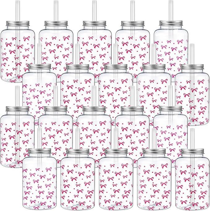 Yetene 20 Pack Pink Bow Cups with Lids and Straws 16 oz Pink Christmas Plastic Bow Tumbler Clear Cups Bulk Drinking Disposable Mugs for Coffee Tea Beverage Jars Girl Party Birthday Wedding Supplies