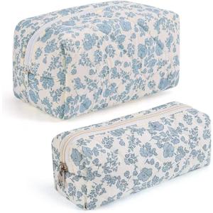 2 Pcs Makeup Bag Travel Cosmetic Bag，Cute Floral Quilted Makeup Bag Set for Women Girls，Cotton Travel Toiletry Zipper Make Up Pouch (Blue Floral)