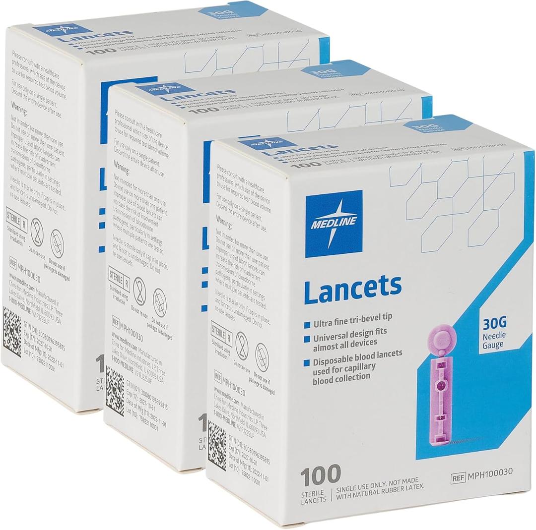 Medline General Purpose Lancet, Can be Used with Most Universal Lancing Devices, 30G, Box of 100 (Pack of 3)