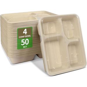 bloomoon 4 Compartment Paper Bowls with Lids, Food-Tray-Style 4 Compartment Catering Bowl with Lid, Disposable Lunch Tray for Food Services at Party, Restaurant, Food Court - 50 Bowls 50 Lids