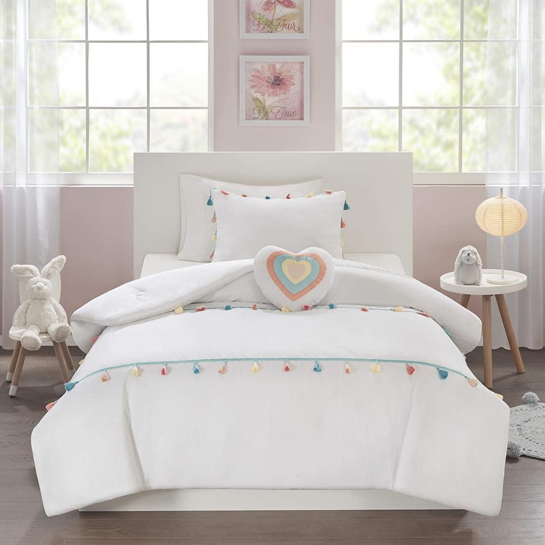Intelligent Design Kids Tessa Cozy Comforter Set, Colorful Fun Design All Season Children Bedding Girls Bedroom Dcor, Twin, White with Colorful Tassel 3 Piece