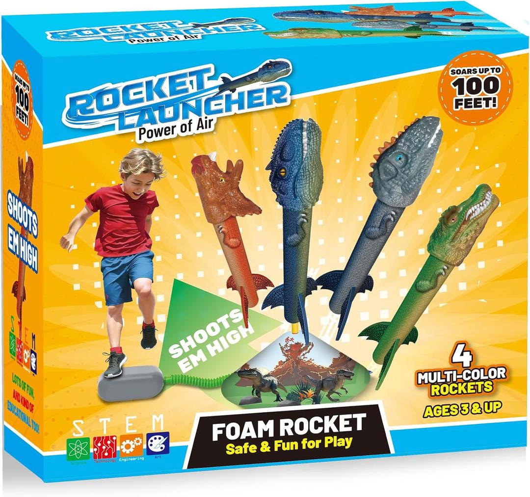 Dinosaur Rocket Launcher for Kids, 4 Rockets with Launcher Pad, Launch Up to 100 Ft, Dinosaur Toys for Kids, Outdoor Toys, Birthday Gifts for 3 4 5 6 7 Year Old Boys Girls