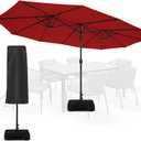 Sundale Outdoor Olefin 5-Year-Non-Fading 15 ft Patio Umbrella with Sand Bag Base and Cover, Large Outdoor Double-Sided Umbrella, Red