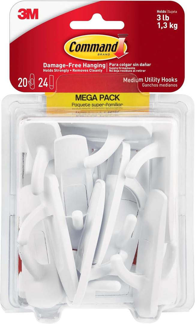 Command Medium Utility Hooks, 20 Hooks and 24 Strips, Damage-Free Hanging Wall Hook with Adhesive Strips, No Tools Great for Hanging, Organization and Storage, Holds up to 3 lb