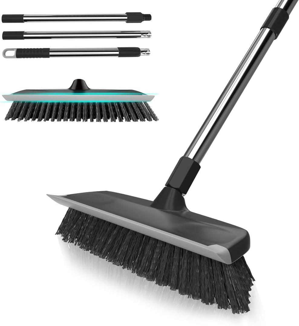ITTAR Multi-Purpose Scrub Brush with Long Handle, 10" Wide Stiff Bristles Floor Cleaning Brush, 2-in-1 Heavy-Duty Shower Scrubber Brush for Deck, Patio, Pool, Kitchen, Garage, Shower Floor-Black