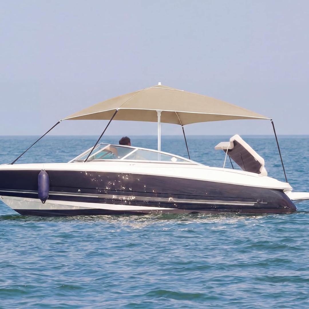 Briwooody Boat Umbrella Canopy Boat Sun Shade Kit 6' x 6' Waterproof Bimini Top Cover Thickened Straps up to 94 Inches Long with D-Shaped Buckles Storage Bag(Beige,Classic)