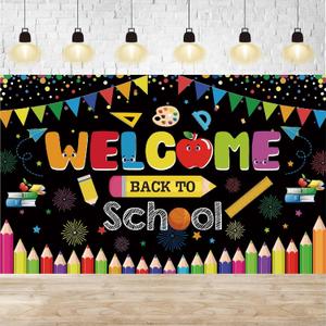 Welcome Back to School Banner Decorations: Colorful Large Back to School Backdrop for Classroom Kindergarten Elementary Pre-School Middle High School First Day Decor Supplies - Black