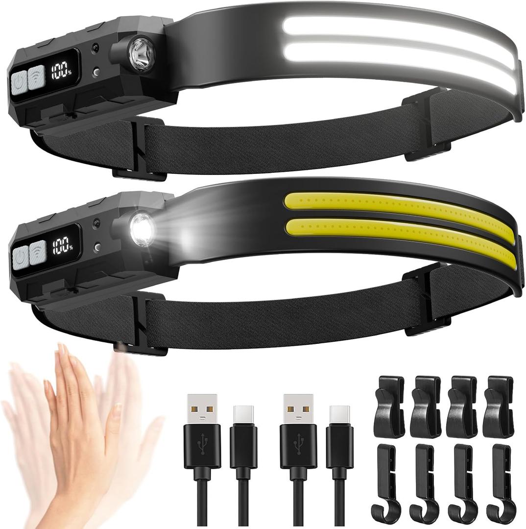 LED Headlamp Rechargeable with Red Light 2 Pack, 230 Wide Beam Head Lights for Forehead, 7Mode Head Lamp with Motion Sensor, LCD Digital Display, Waterproof Hard Hat Light for Camping Hiking Fishing