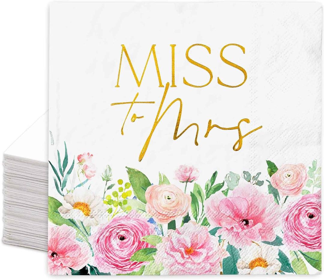 FYSUIMU 50Pcs Wedding Floral Paper Napkin Gold Foil Miss to Mrs Luncheon Napkin Pink Flower Disposable Dinner Napkins for Home Kitchen Bridal Shower Engagement Wedding Bachelorette Party Decoration