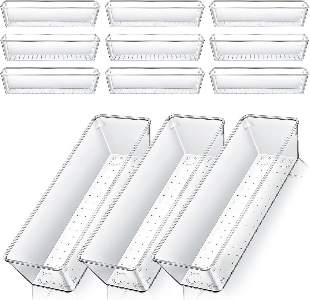 Dimeho 12 PCS Drawer Organizers Clear Plastic Vanity Drawer Dividers Kitchen Silverware Utensil Storage Desk Storage Tray for Bathroom Bedroom Office Makeup Jewelry 9 x 3 x 2 Inches