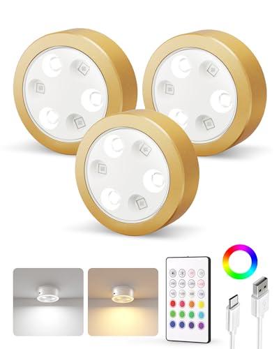 EZVALO Puck Lights with Remote,2000mAh Rechargeable Tap Light,RGB LED Display Lighting, Wireless Closet Light,Under Cabinet Lighs,Sitck On Lights for Kitchen,Closet,Pantry,Shelves(3 Packs)