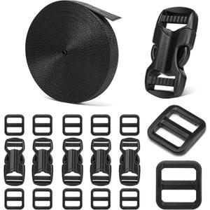 5/8" Buckle and Strap Set: 6 Yards of Thick Nylon Webbing, 6 Pack Quick Side Release Adjustable Plastic Buckles, 12 Tri-Glide Slide Clips, Black (5/8 Inch Combo Set)