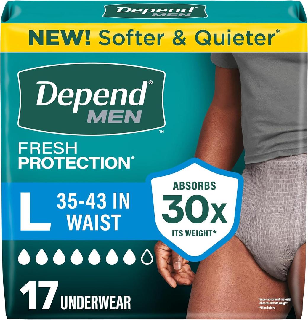 Depend Fresh Protection Adult Diapers, Incontinence Underwear for Men, Disposable, Maximum, Large, Grey, 17 Count