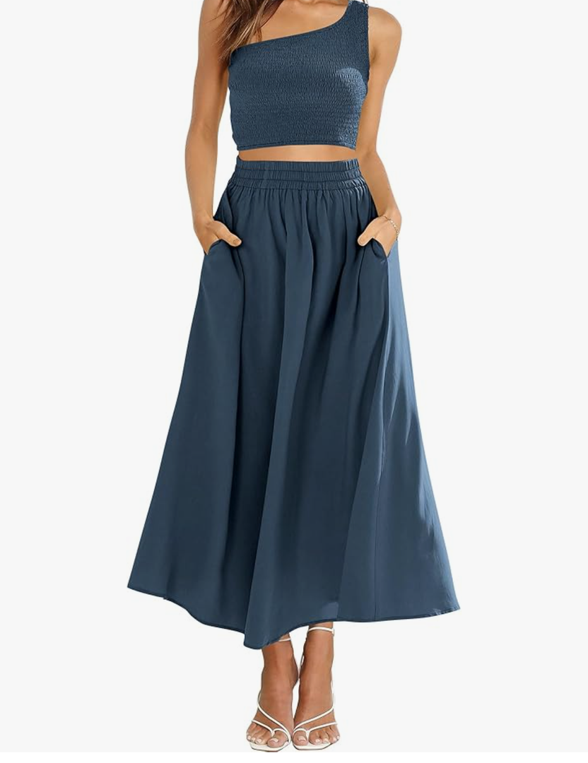 ANRABESS Women's 2 Pieces Outfits One Shoulder Smocked Crop Top & High Waist Long Skirt Dress Set with Pockets,M