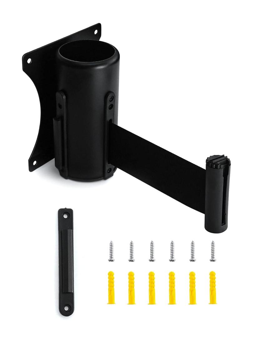 QWORK Wall Mounted Retractable Belt Barrier, Crowd Control Wall Barrier with 10' Belt for Retail Stores, Airports, Banks, School (Black)