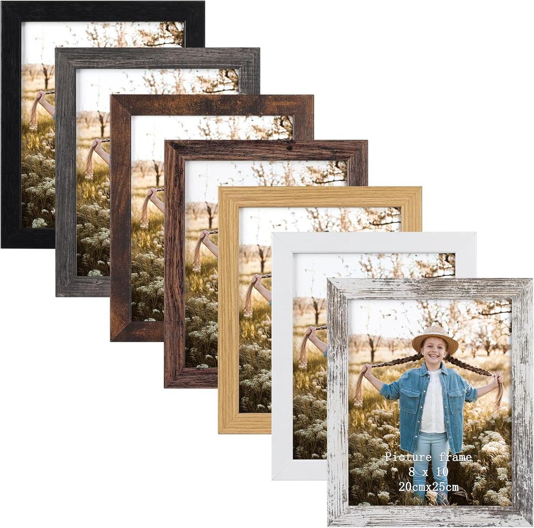 PETAFLOP 8x10 Picture Frame Set of 7 in Multi Color, Distressed Rustic Wooden Frame with HD PS for Wall and Tabletop Display