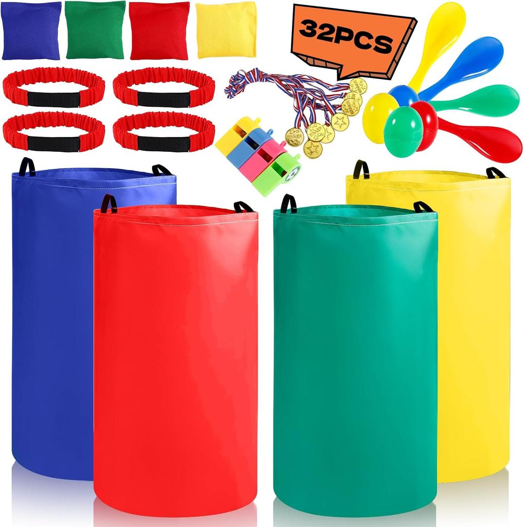 32 Pcs Outdoor Games Potato Sack Race Bags, Egg and Spoon Race Lawn Games, Outdoor Lawn Game for Adults, 3-Legged Race Bands for Outside Backyard Birthday Party Field Day Family