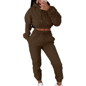 LovelyWholesale Women 2 Piece Outfits Long Sleeve Crop Hoodies and Pants Sweatsuit Set Brown Medium