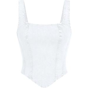 WDIRARA Women's Denim Corset Tank Top Asymmetrical Hem Crop Tops Sleeveless Zip Up Back Tanks (White)