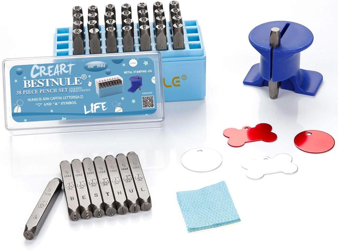BESTNULE Metal Stamping Kit, Number and Letter Stamp Set (A-Z, 0-9 and &, Love Symbol), Industrial Grade Hardened Carbon Steel, Perfect for Imprinting Metal, Wood, Plastic, Leather(3/ 16", 5MM)