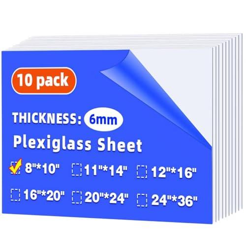 (10 Pack) 8" x 10" Plexiglass Sheets 1/4 inch Thick (6mm), Clear Acrylic Sheets Panel Cut to Size Plexiglass Acrylic Board, Cut with Engraver, Power Saw or Hand Tools, No Laser Cut.
