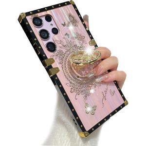 for Samsung Galaxy S24 Ultra Bling Case, Cute Sparkly Rhinestone Butterfly Foldable Kickstand Marble Shell Pattern Soft Bumper Women Girly Shockproof Protective Cover for S24 Ultra (Pink)
