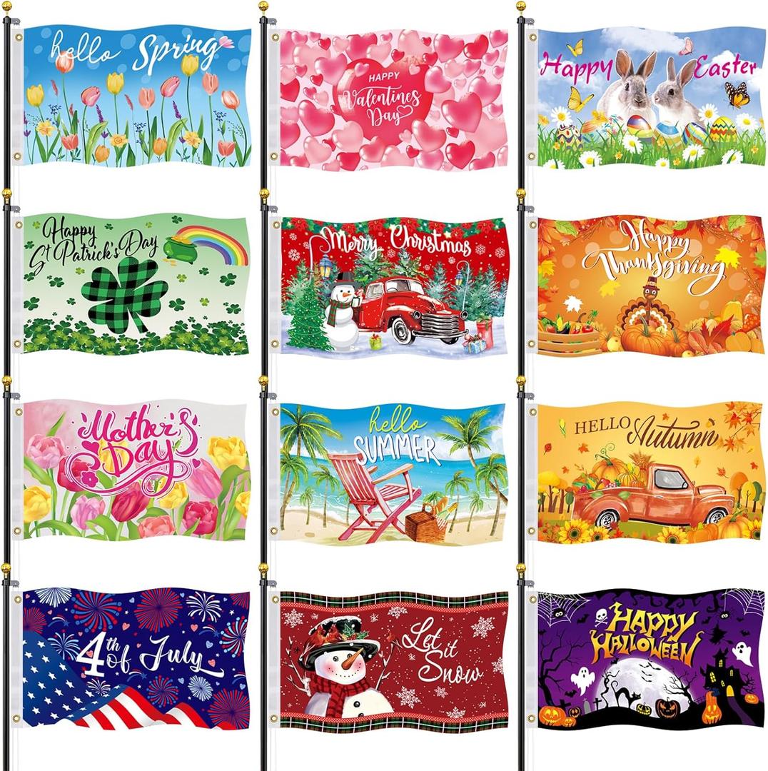 Seasonal Garden Flags Set of 12-3x5 ft Large Outdoor Yard Flags for All Seasons, Fall, Winter, Halloween, and Christmas - Holiday House and Garden Flags for Outside Decor