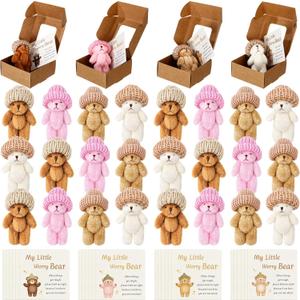 24 Sets Mini Bear Plush in Box Little Bears Bulk with a Hat Handmade Soft Pocket Teddy Bears with Encouragement Card Stress Relief Toys Party Gift for Backpack