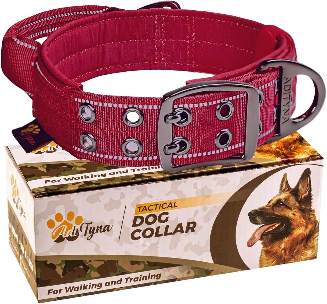 ADITYNA Heavy Duty Dog Collar for Large Dogs - Reflective Burgundy Collar with Handle for Training, and Walking - Wide, Thick, Tactical, Soft Neoprene Padded (Large: Fit 18-23" Neck)