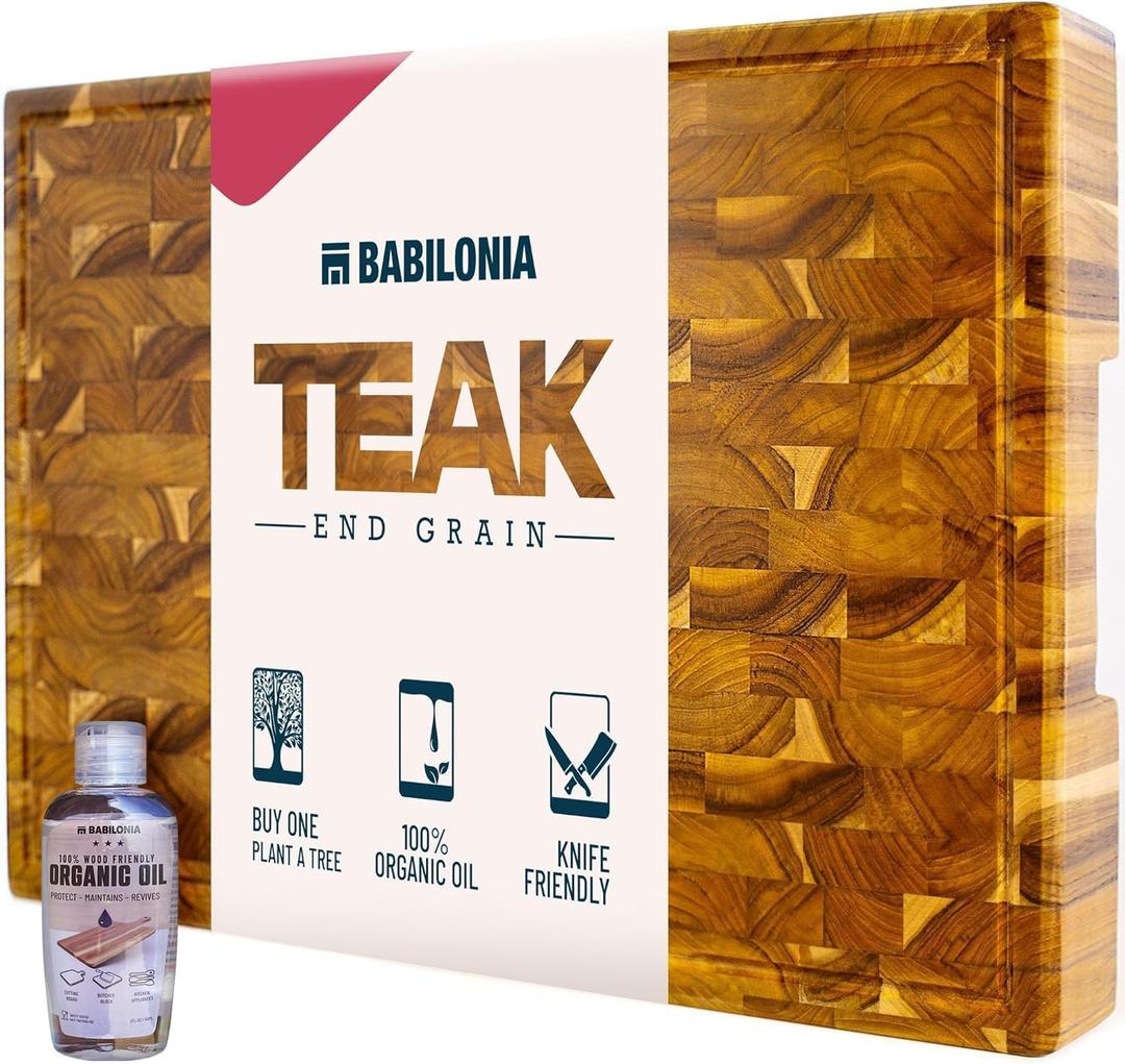 Teak Cutting Boards for Kitchen (ExtraThick 1.7"). Premium Quality Butcher Block, Charcuterie Board. Heavy Duty End Grain Wood Chopping Board 15.7"L x 10.2"W with Handle (Oil bottle & Plate included)