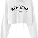 Hilinker Women's Graphic Cropped Hoodies Pullover Casual Cute Long Sleeve Workout Tops White NEW YORK Medium (White, M)