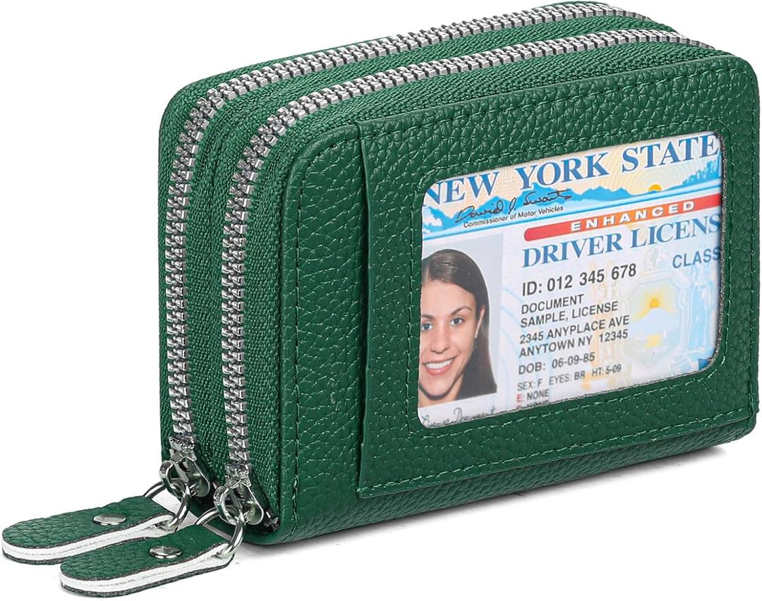 Credit Card Holder Wallet RFID Blocking Leather Small Wallet for Women Double Zipper Wallet with ID Window (Green)