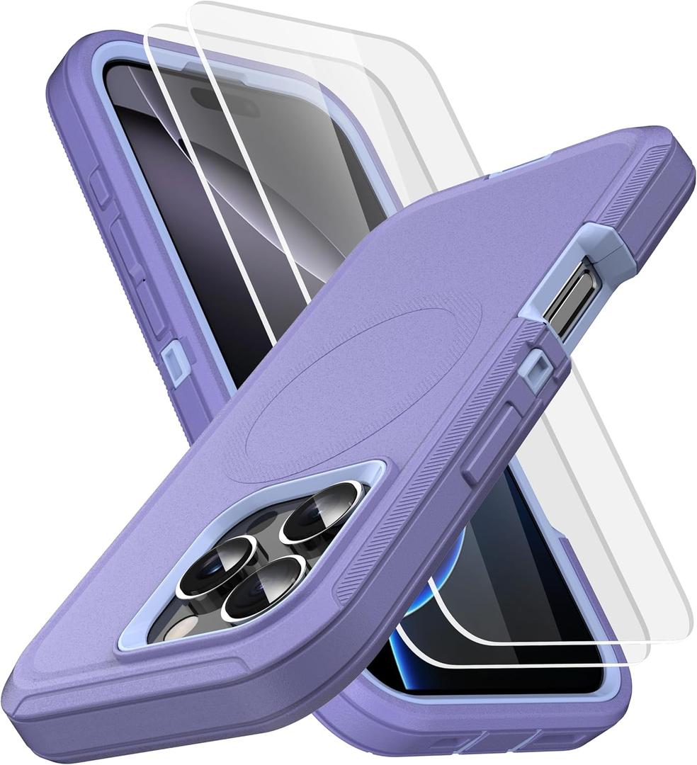MXX for iPhone 16 Pro Case, Heavy Duty 3-Layer Rugged Cover with Tempered Glass Screen Protector, Shockproof Dustproof Anti-Drop Full Body Protection (6.3")  Light Purple