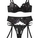 Lilosy Sexy Leaf Floral Embroidered Mesh Sheer Women Underwire Push Up Lingerie Set (Medium, Flower Black)