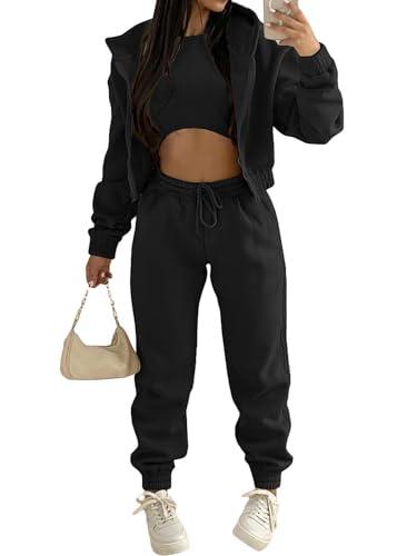 Akmipoem Women's 3 Piece Outfits Sweatsuit Tracksuit Matching Sets Full Zip Hoodie Sweatshirt Cropped Tank Tops Jogger Pants Black S