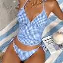 MakeMeChic Women's Tankini Swimsuits Cute Cheeky Swimsuit Plaid Halter Tankini Bathing Suits (Blue, M)
