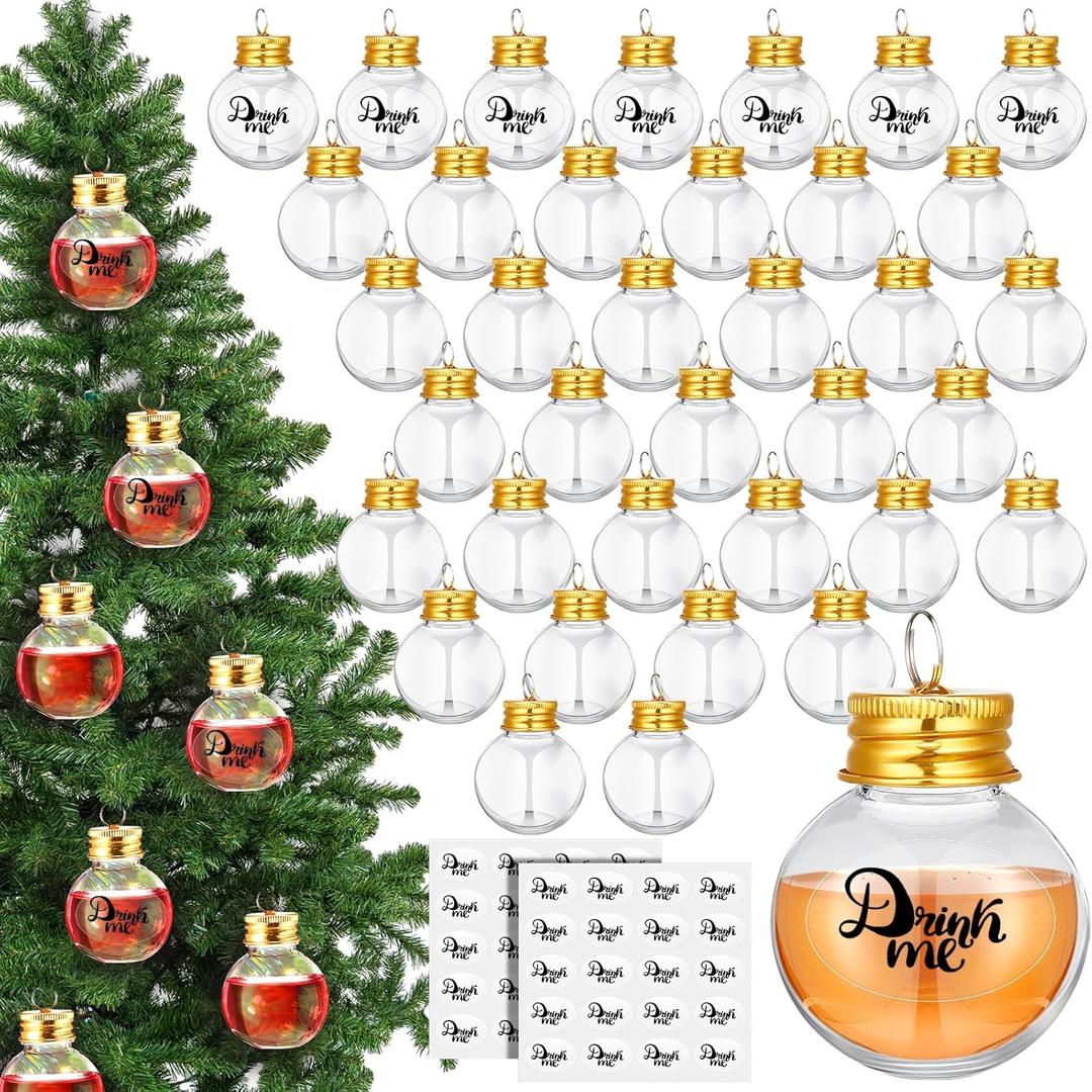 Patelai 36 Pcs Christmas Booze Balls Clear Christmas Tree Fillable Ornaments Water Bottle Bulbs Shape Clear Plastic Ornaments Pendant Ball Bell for Home Decoration Party Decoration (50ml)