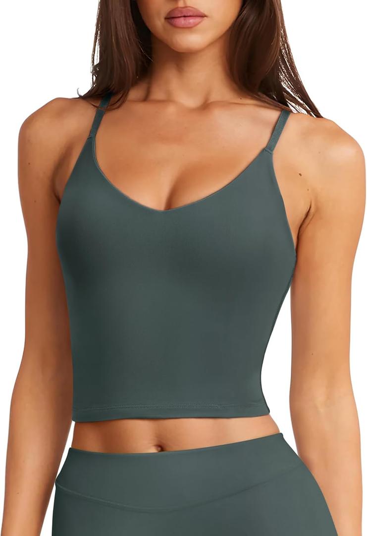 LASLULU Womens Adjustable Spaghetti Strap Sports Bra V Neck Wireless Padded Yoga Bra Camisole Workout Crop Tops (Medium, Forest Green)