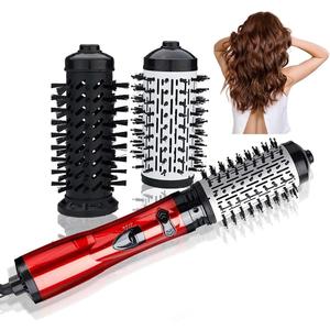 3-in-1 Hot Air Styler & Rotating Hair Dryer Brush with 2 Interchangeable Brushes | Anti-Frizz Ionic Technology for Straightening, Drying & Curling | 3 Heat Settings & 360 Rotation (Red)