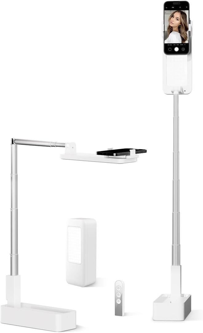 SupeDesk Phone Stand for Recording, Overhead Phone Mount with Light, Selfie Stand,Portable,Extendable, 360° Rotate, Adjustable, Wireless Remote,Rechargeable, for 3.5-6.9" Phones, Live Streaming, White