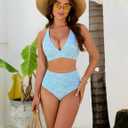 Blooming Jelly Women Embroidery Print High Waisted Bikini Sets V Neck Tummy Control Bathing Suit Two Piece Curvy Swimsuits (L)
